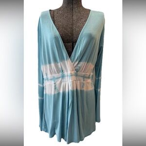 Boston proper Blue White Tie-Dye Long Sleeve ladies‎ tunic top deep V-neck Large